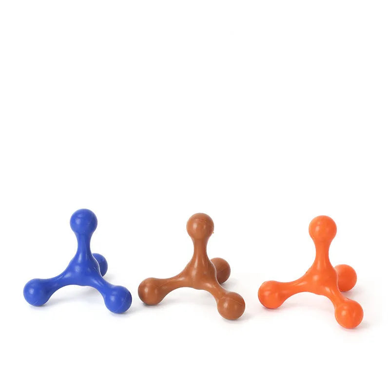 Blue silicone dog chew toy with three legs on a white background.