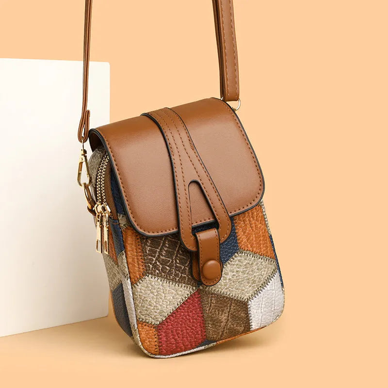 Urban Simplicity horizontal square PU leather crossbody pouch in irregular blue brown with single shoulder strap