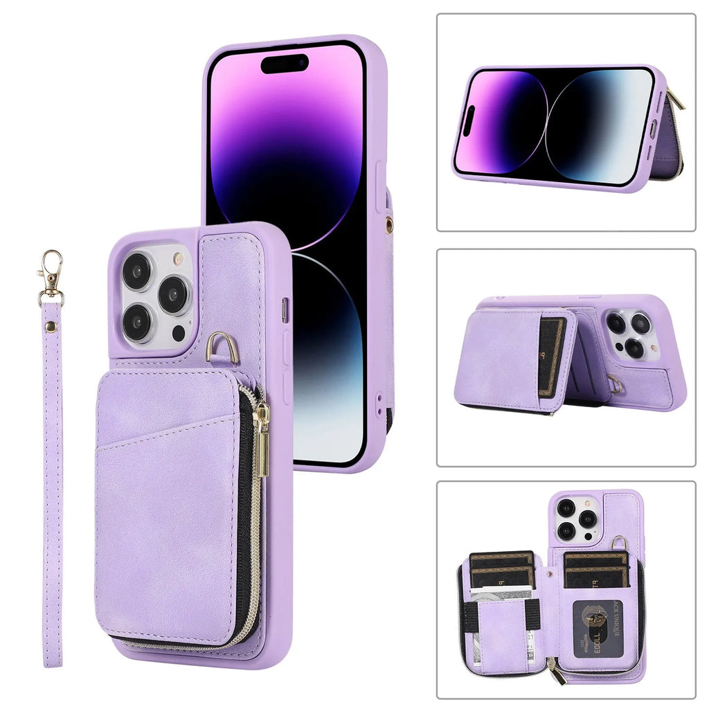 Creative leather style wallet phone case with card slots, lanyard, and bracket in brown for iPhone 14 Pro Max