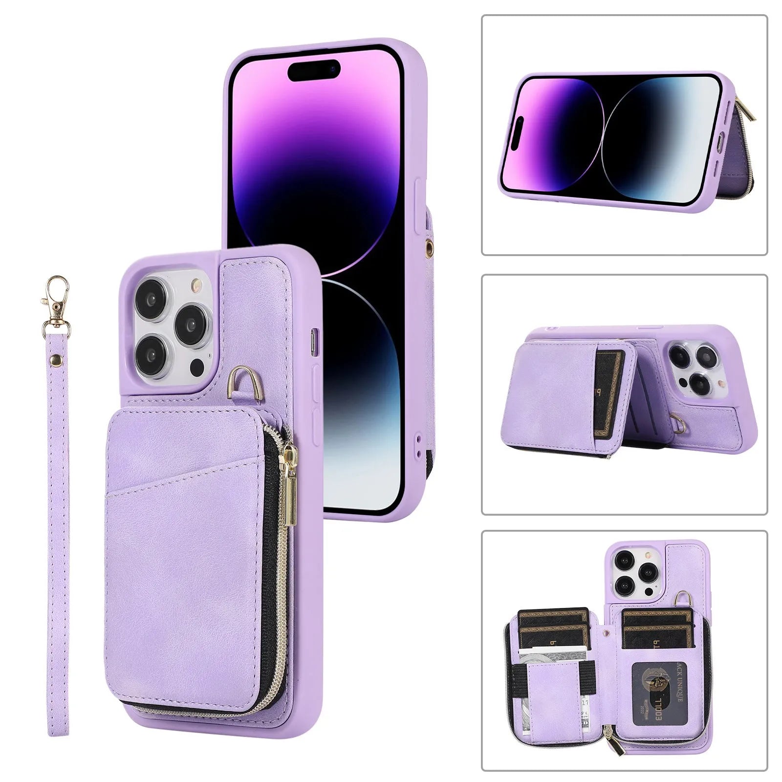 Creative leather style wallet phone case with card slots, lanyard, and bracket in brown for iPhone 14 Pro Max
