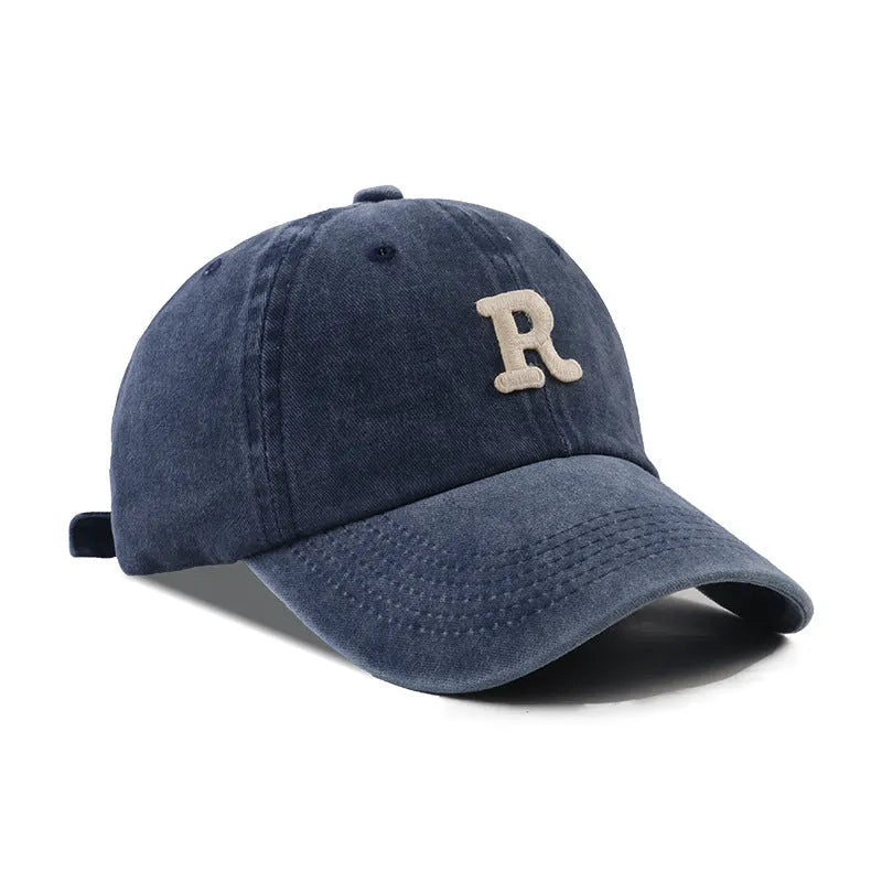 Washed Letter R stick ball cap in cotton with dome crown, adjustable L size 54-60cm
