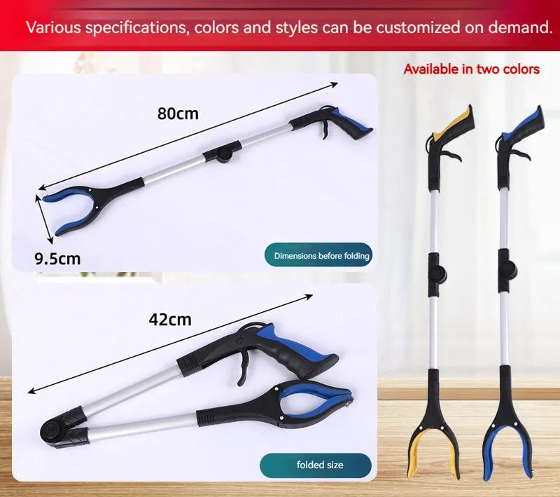 Foldable aluminium litter picker with magnet, shown extended and with blue handle.