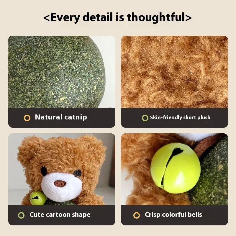 Plush catnip toy shaped as a character, showing a bell inside and a mint ball, with dimensions 15cm by 7cm.