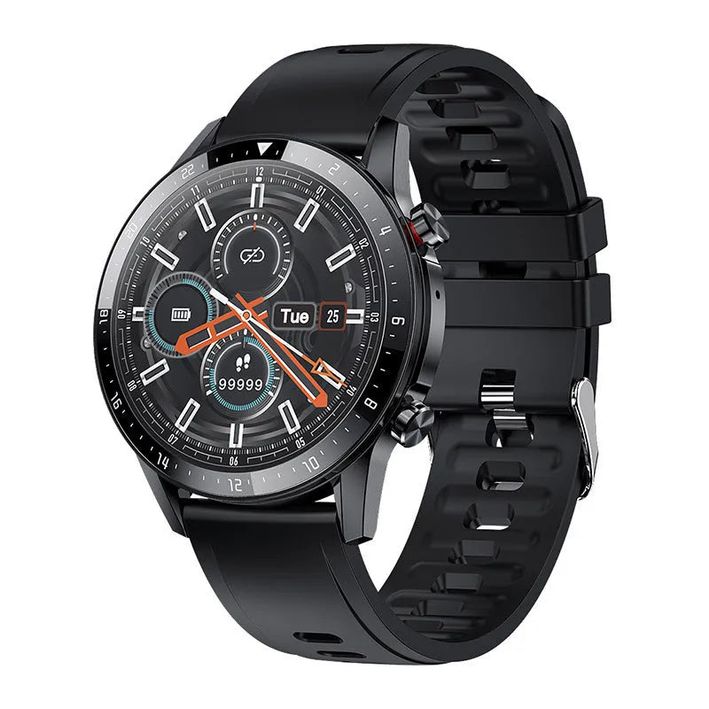 Black Bluetooth smart watch with 1.3-inch screen on wrist, showing call and music icons.