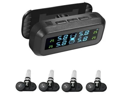Solar wireless car tyre pressure monitoring system kit with colour screen display and four external sensors.