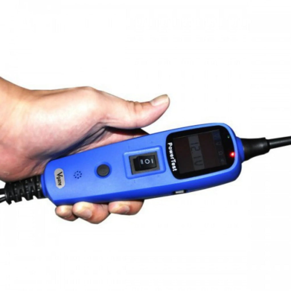 Blue automotive power circuit test pen with TFT display, extension cable, and accessories in blow moulded case