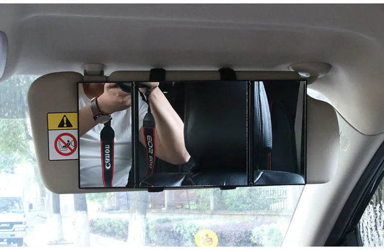 Silver car visor folding makeup mirror shown closed and open, with ABS plastic frame.