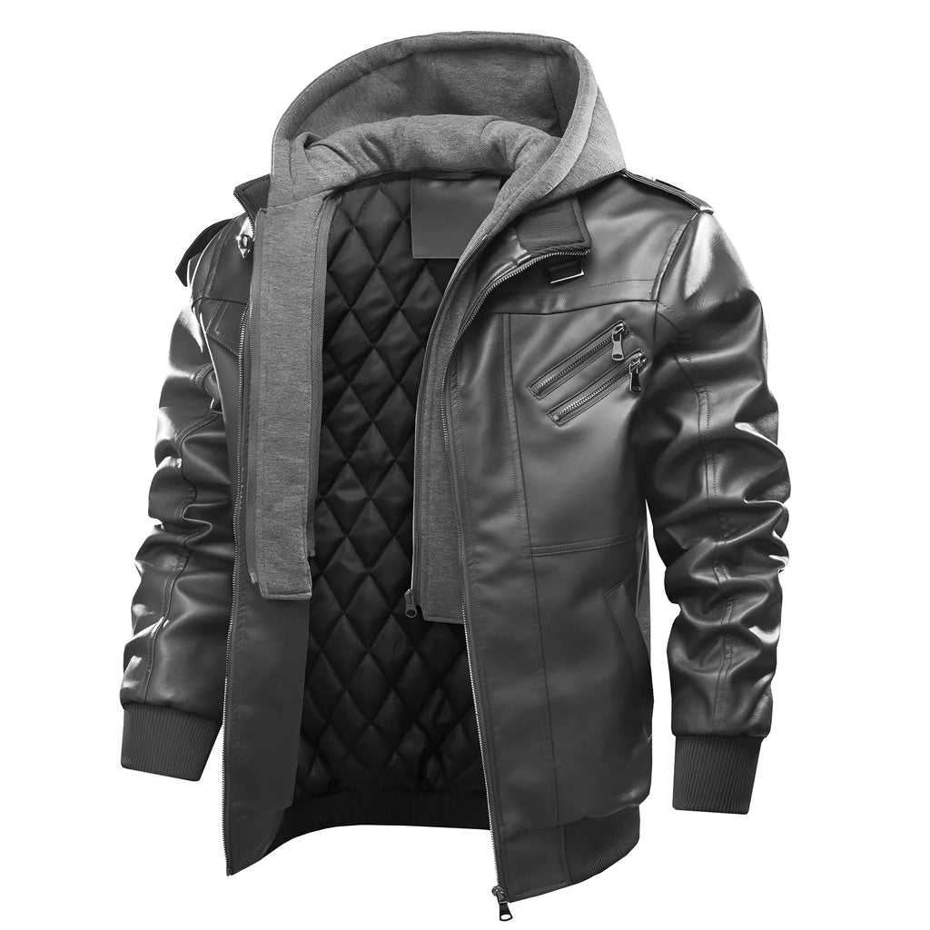 Men's casual motorcycle jacket in PU leather with removable cap collar, zip front, ribbed hem, side slit pockets, grey black or coffee