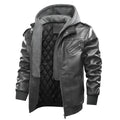 Men's casual motorcycle jacket in PU leather with removable cap collar, zip front, ribbed hem, side slit pockets, grey black or coffee