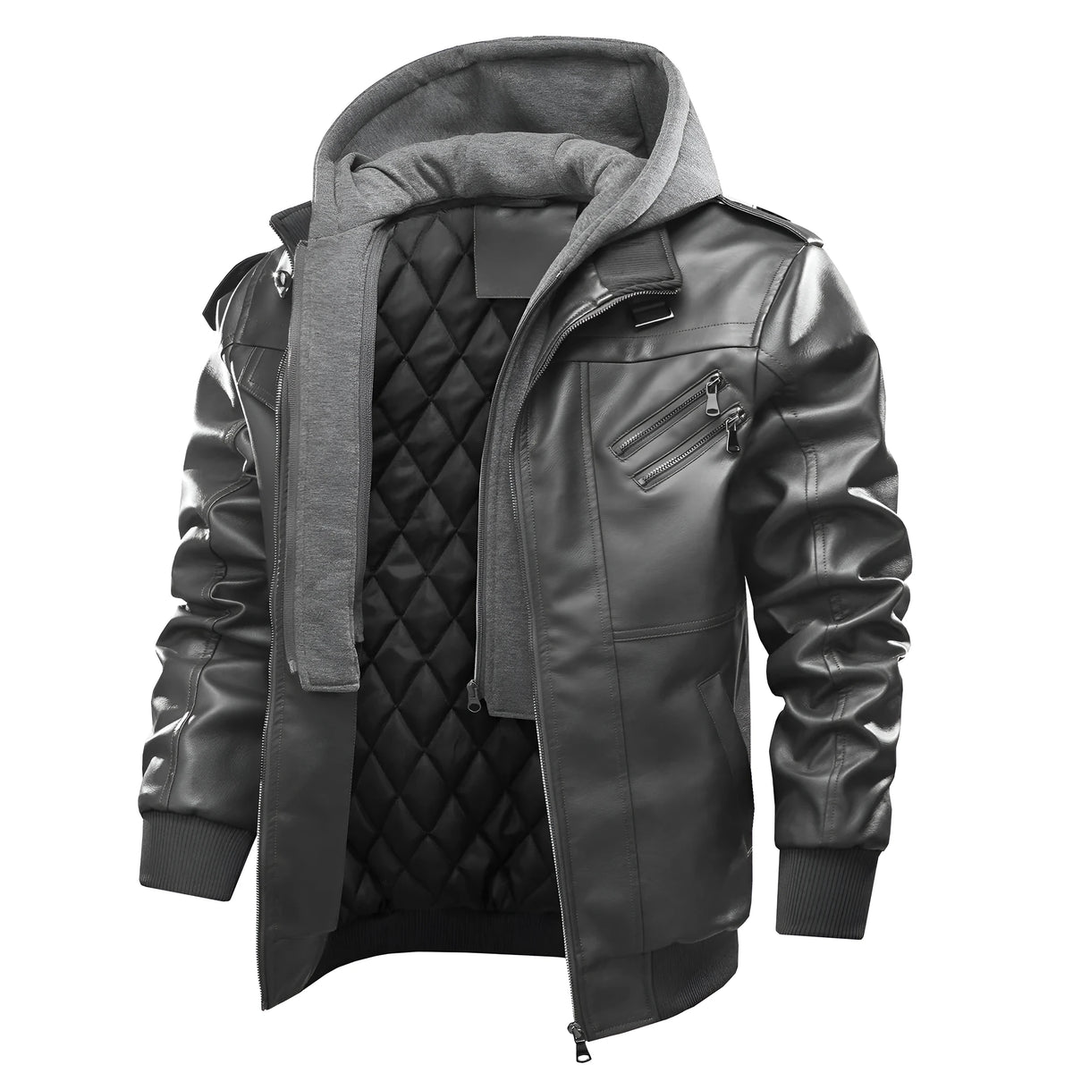 Men's casual motorcycle jacket in PU leather with removable cap collar, zip front, ribbed hem, side slit pockets, grey black or coffee