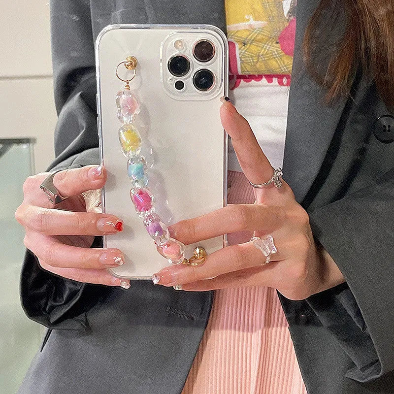 Transparent TPU iPhone case with handmade beaded candy chain and girly heart laser colour design on the back