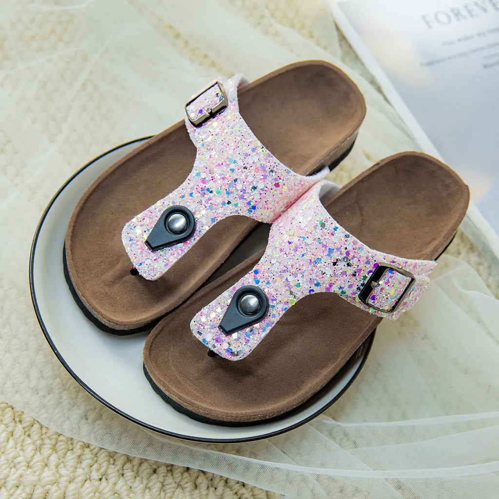 Cork flip-flops couples shoes in pink, silver, or gold with PVC soles and hollow-out design