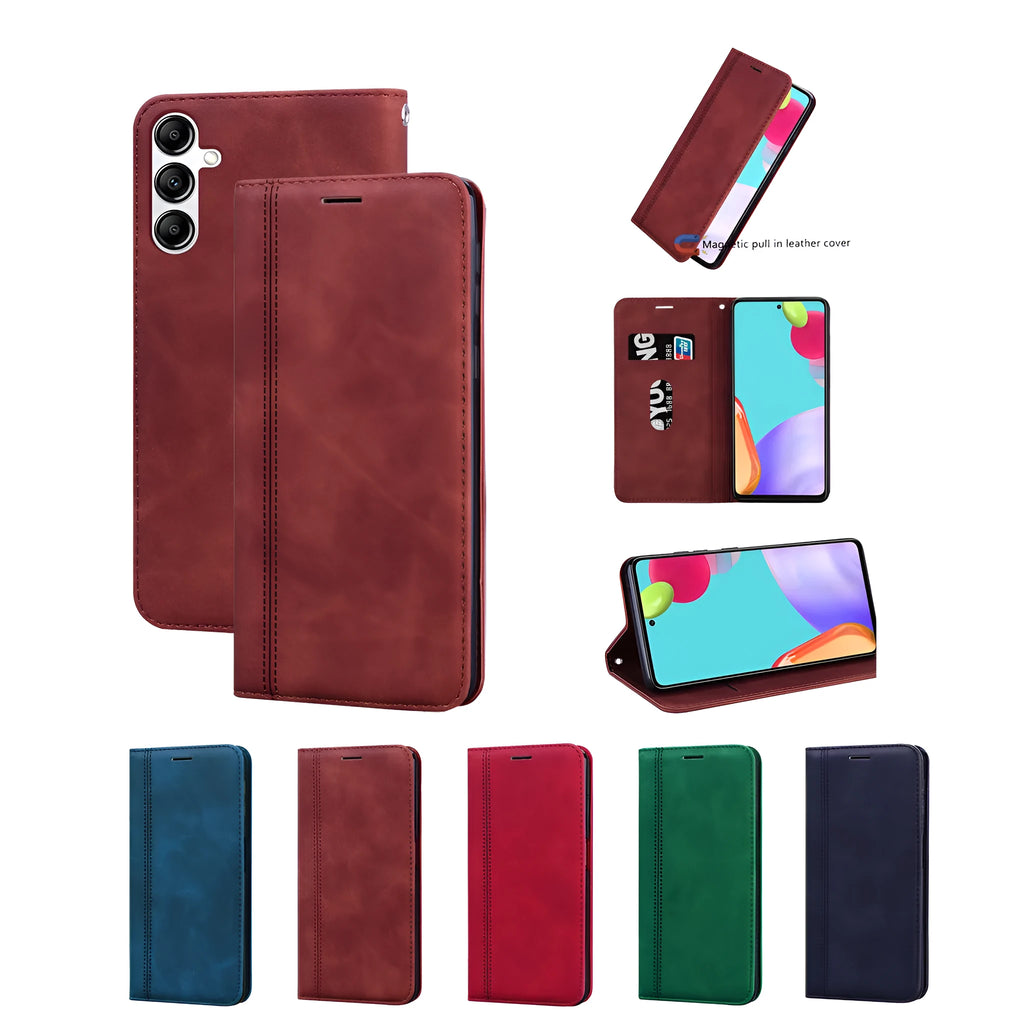 Business mobile phone leather case with suction frosted card flip, TPU PU, card insertion, in black red blue green brown