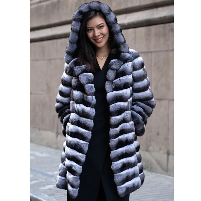 Women's zebra stripe pattern artificial mink fur overcoat with regular sleeves