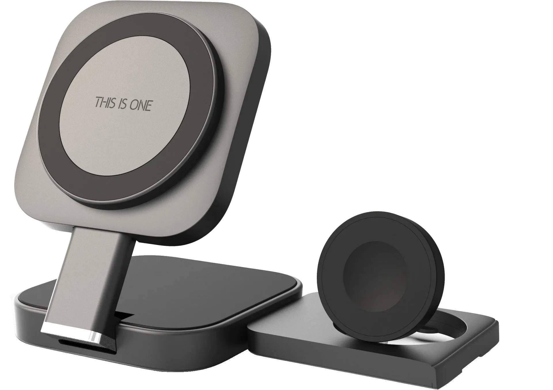 Desktop three-in-one wireless charger in black with Type-C interface, large and small pads for Apple 12 series