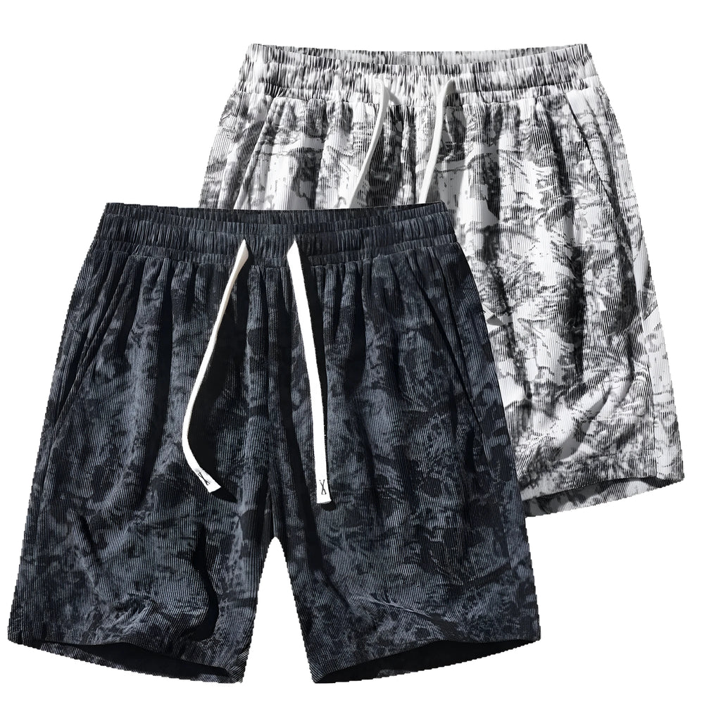 Men's corduroy camouflage pattern athletic shorts in a straight cut high-waist design.