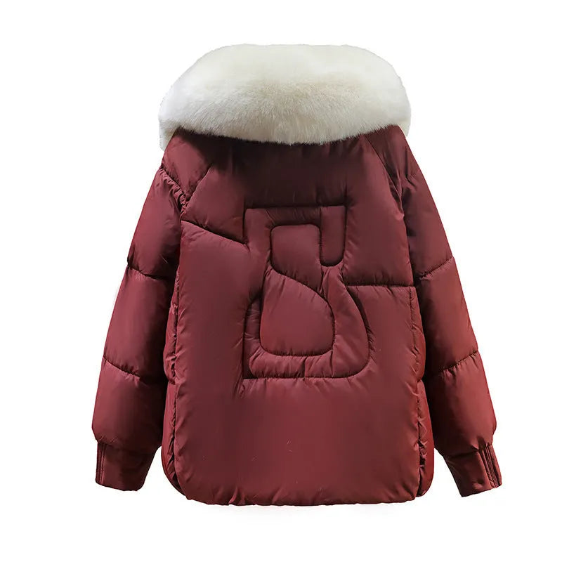 Women's beige coat with removable fur collar, Korean style, thick polyester, with pockets