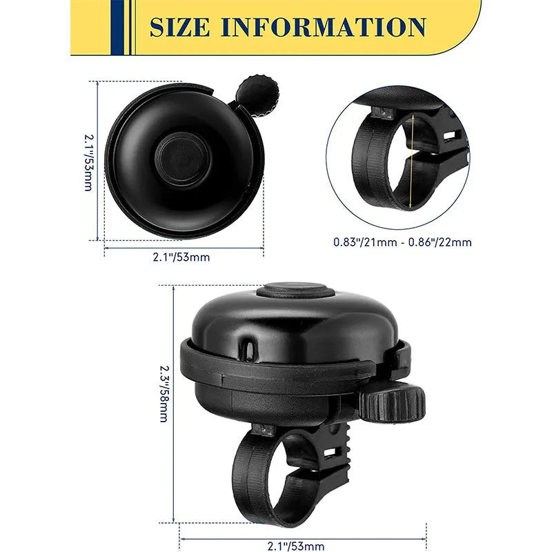 Black bicycle bell with 58mm diameter and ABS plastic construction showing handlebar clamp fixture