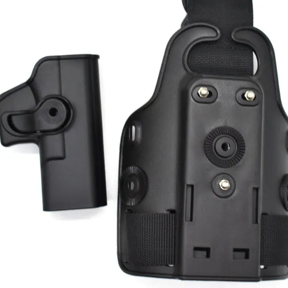 Tactical leg holster with waist plate and quick-pull plastic construction in outdoor setting