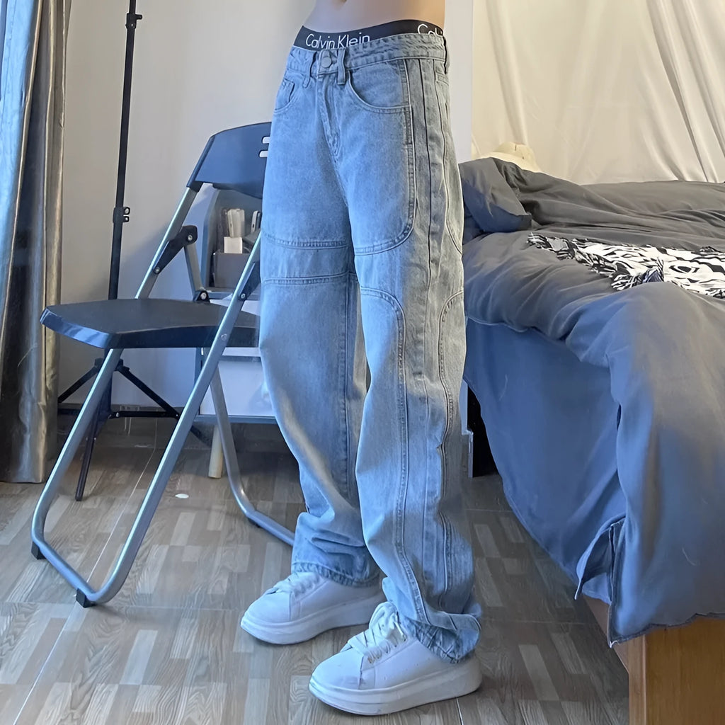 National Tide straight retro wash blue jeans for men and women, loose fit middle waist denim trousers