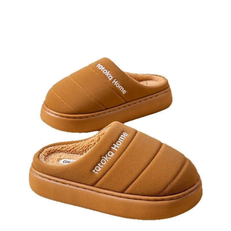New cotton waterproof fleece lined non-slip platform slippers with EVA sole in khaki colour, flat heel 3.0 cm