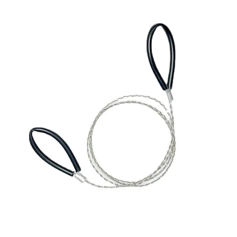 Outdoor survival hand wire saw with leather case, showing coiled stainless steel cutting line.