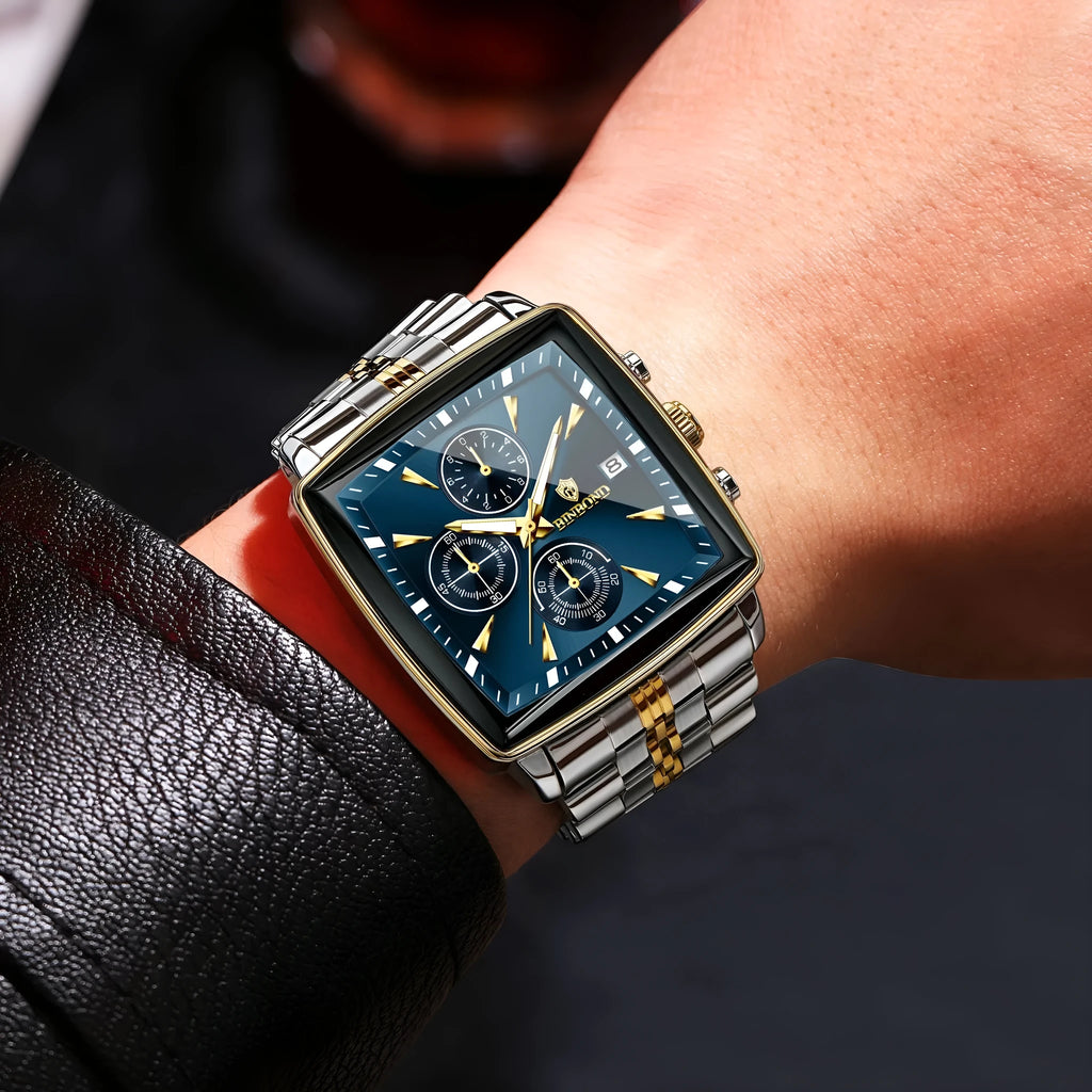 Men's rectangular dial quartz watch with luminous hands and stainless steel construction