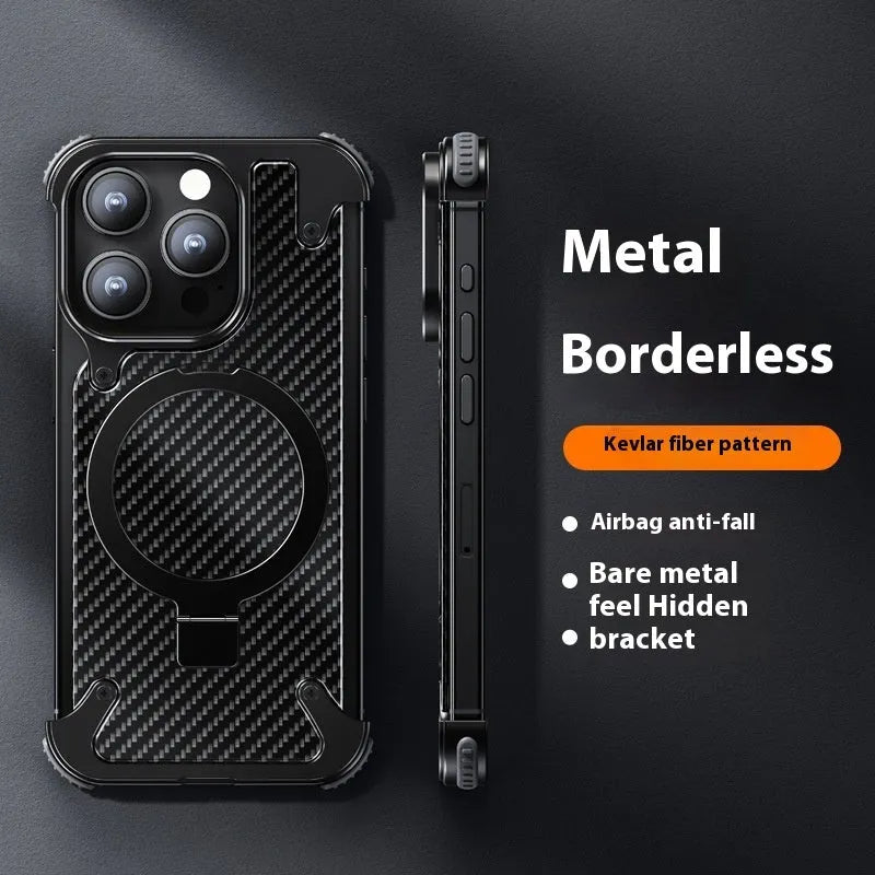 YILI shell carbon fibre magnetic bracket protective phone case for iPhone 16 Pro Max in matte black