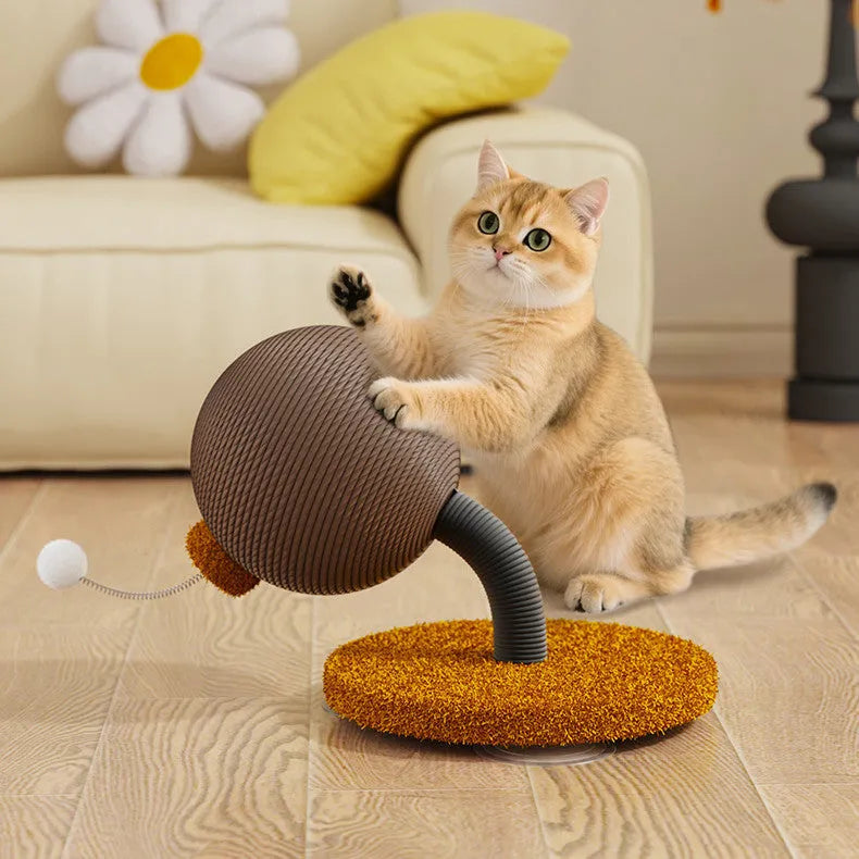 Sisal cat scratch board with dangling braided hemp rope toy and attached treat ball on a wooden base.