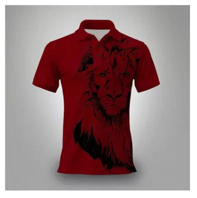 Summer lion print business casual T-shirt in bird eye cloth with zipper decorations, short sleeves, polyester fabric