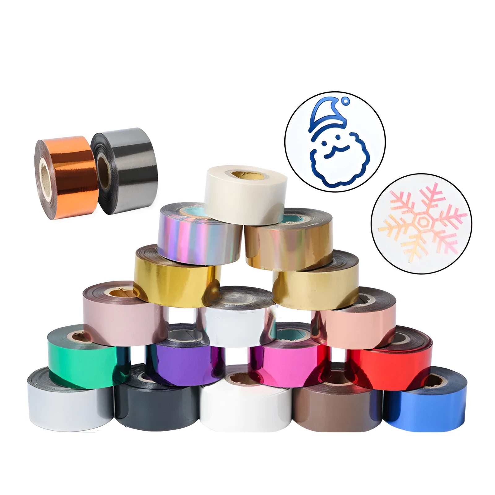 Rolls of gold, silver, and coloured hot foil stamping paper for leather and plastic bronzing.