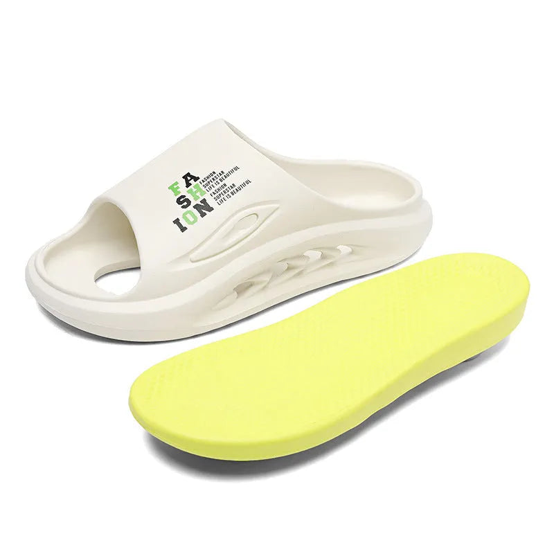 Men's white and green colour block EVA foam slippers with a thick textured sole.