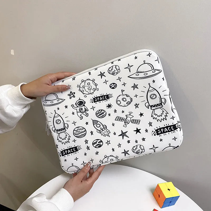 Checkerboard polyester hand file bag in plaid or space, 11-inch or 14-inch laptop sleeve.