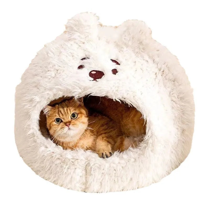 Semi-enclosed fabric cat litter kennel tent in a yurt style, shown in a bear design theme.