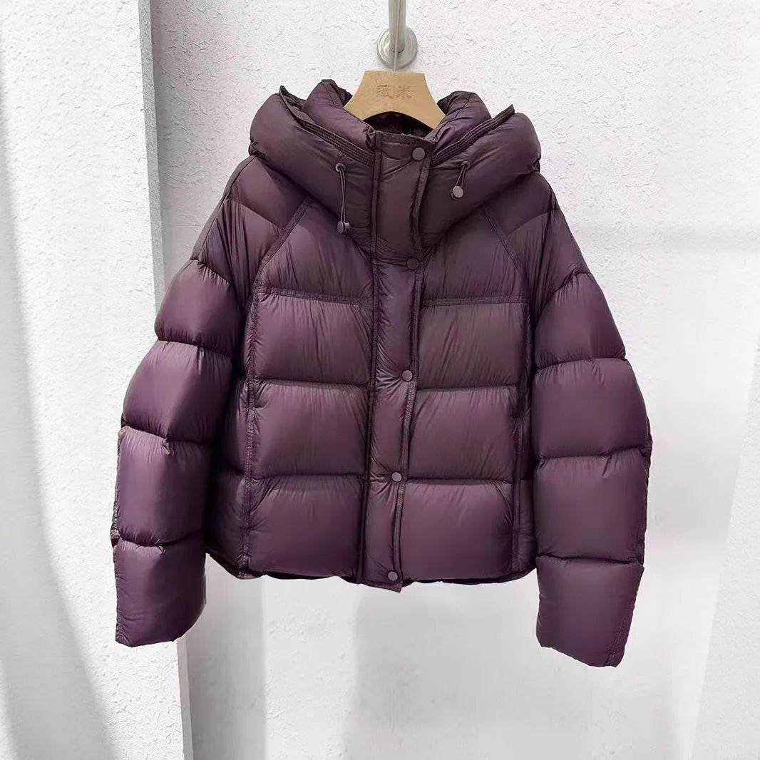 Women's puff down cotton jacket in black, beige, coffee, gray or purple, slim fit, long sleeve, sizes M to 2XL