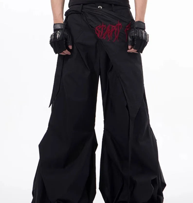 Korean style wide-leg function pants for boys in black solid colour with relaxed fit