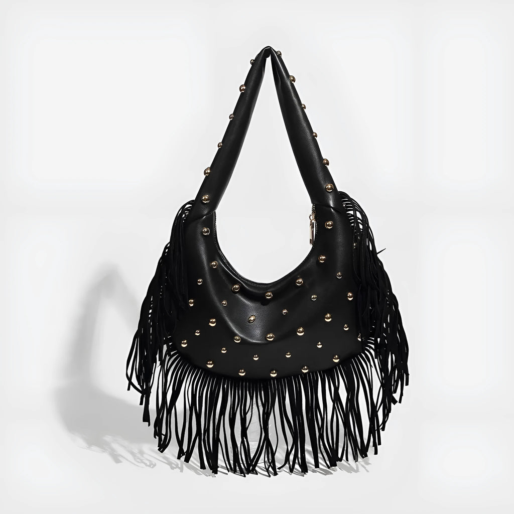 Retro tassel shoulder handbag in black or wine red with mobile phone compartment