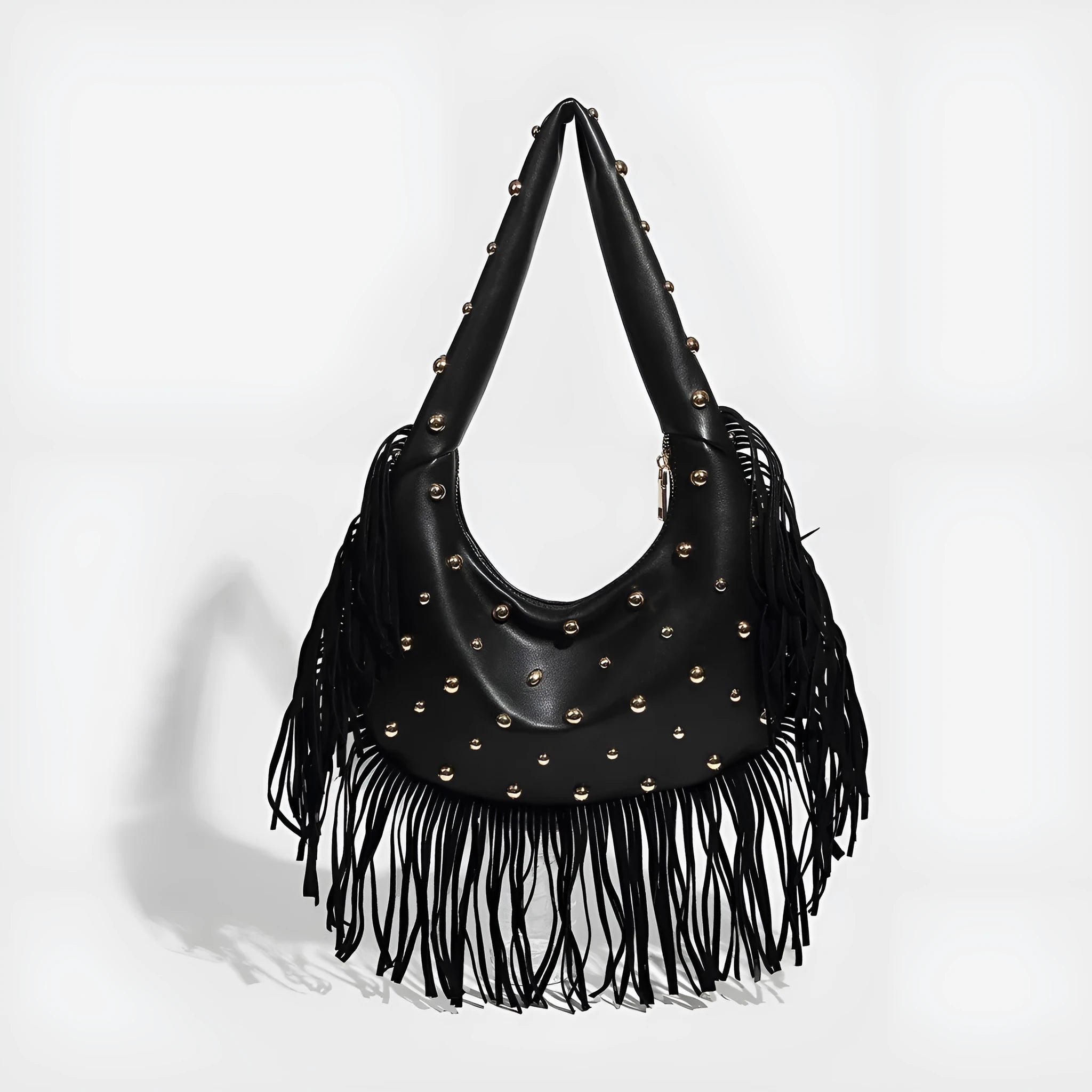 Retro tassel shoulder handbag in black or wine red with mobile phone compartment