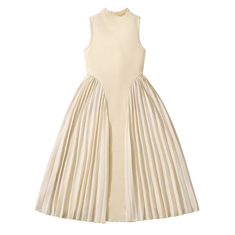 Girls' sleeveless stand collar pleated stitching A-line formal dress in solid colour