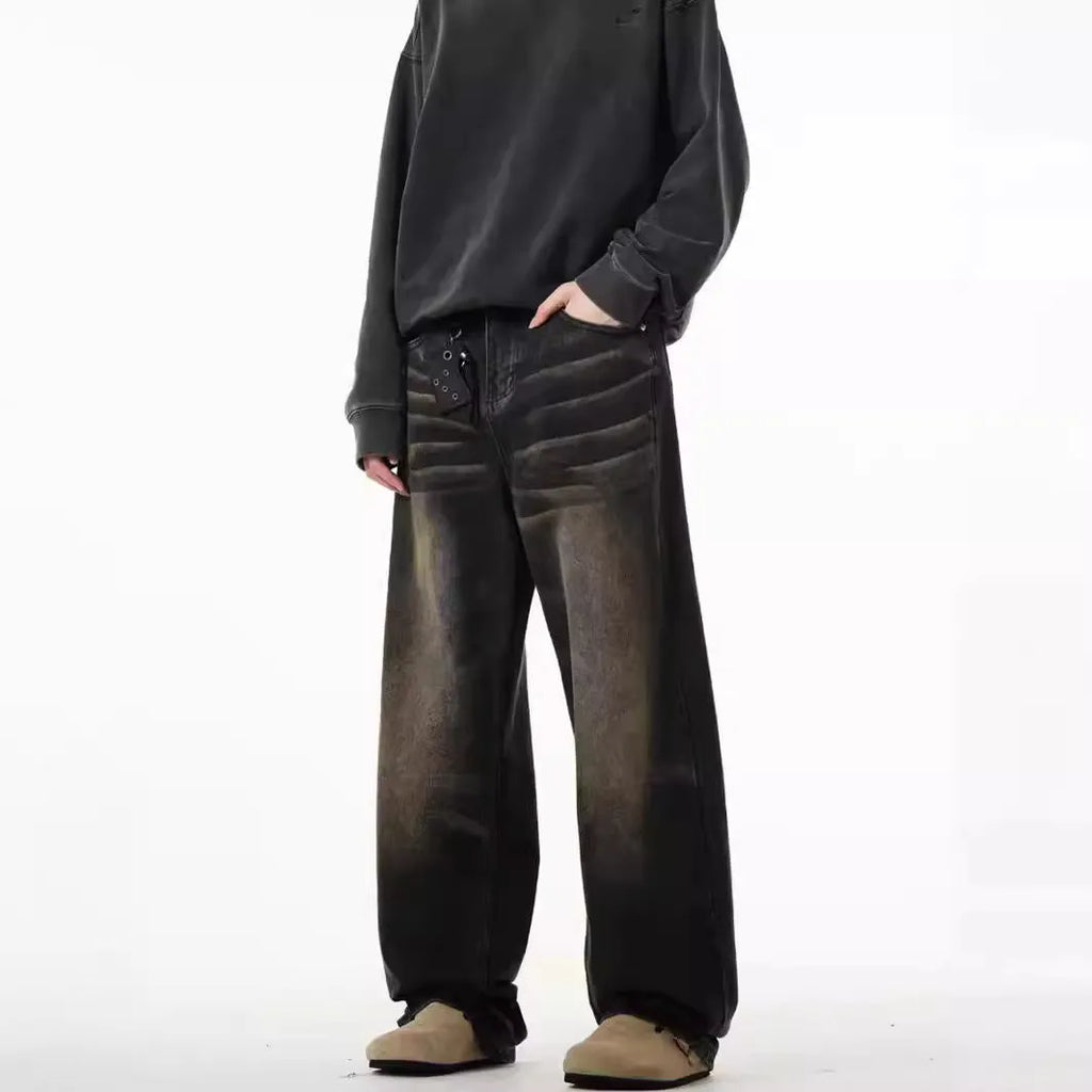 Men's retro straight-leg low-waist jeans in black and gray with high elasticity polyester denim