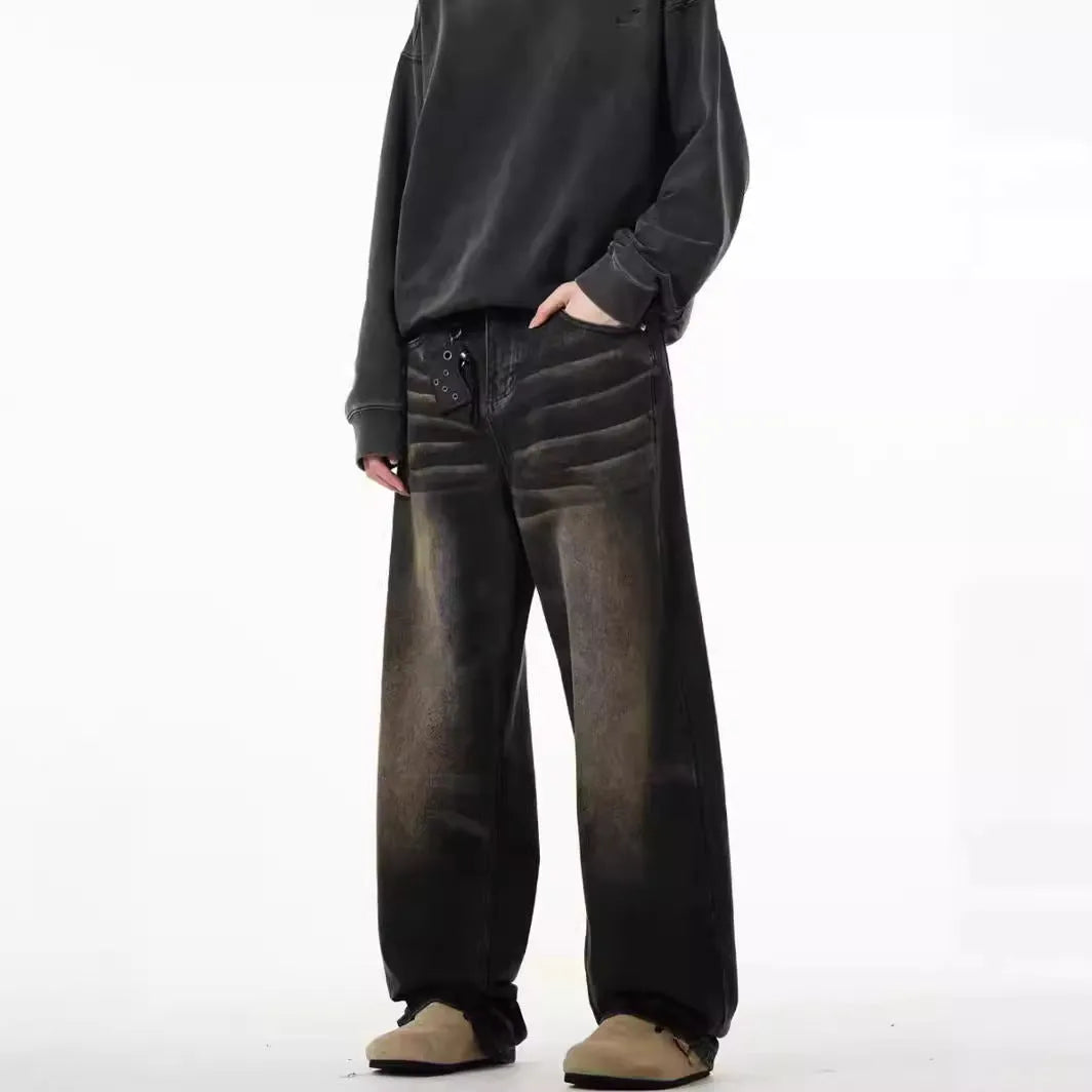 Men's retro straight-leg low-waist jeans in black and gray with high elasticity polyester denim