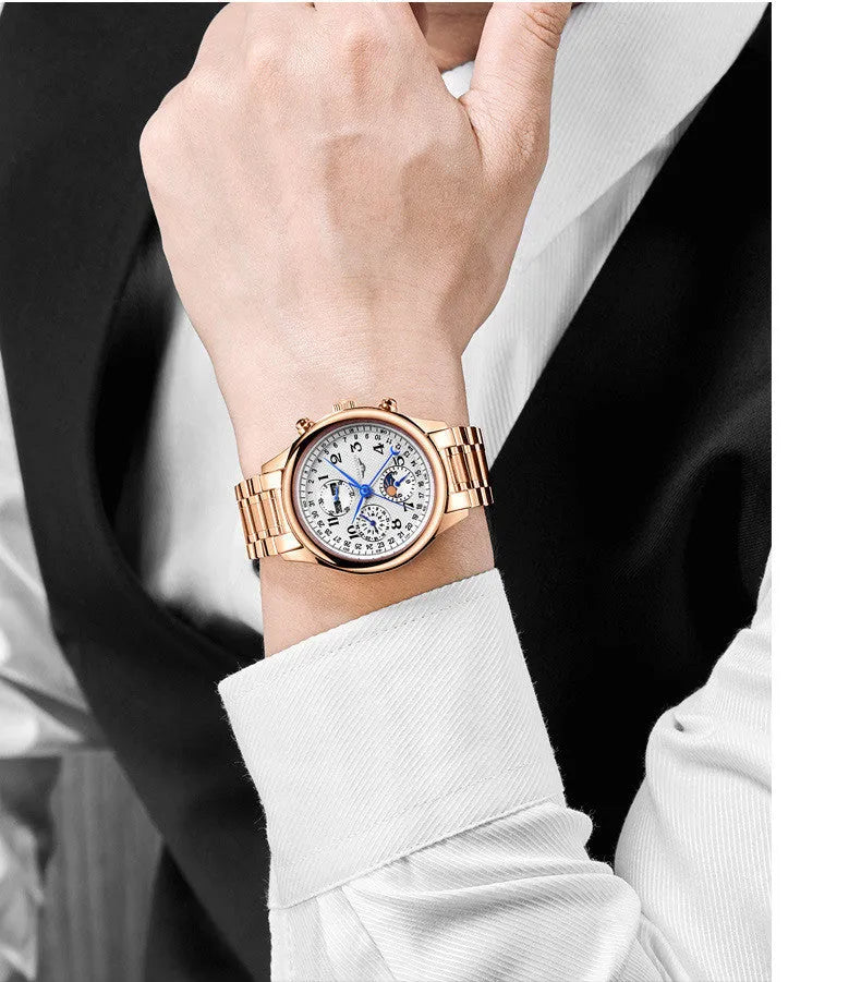 Men's mechanical perpetual calendar watch with moon phase display on 41mm case