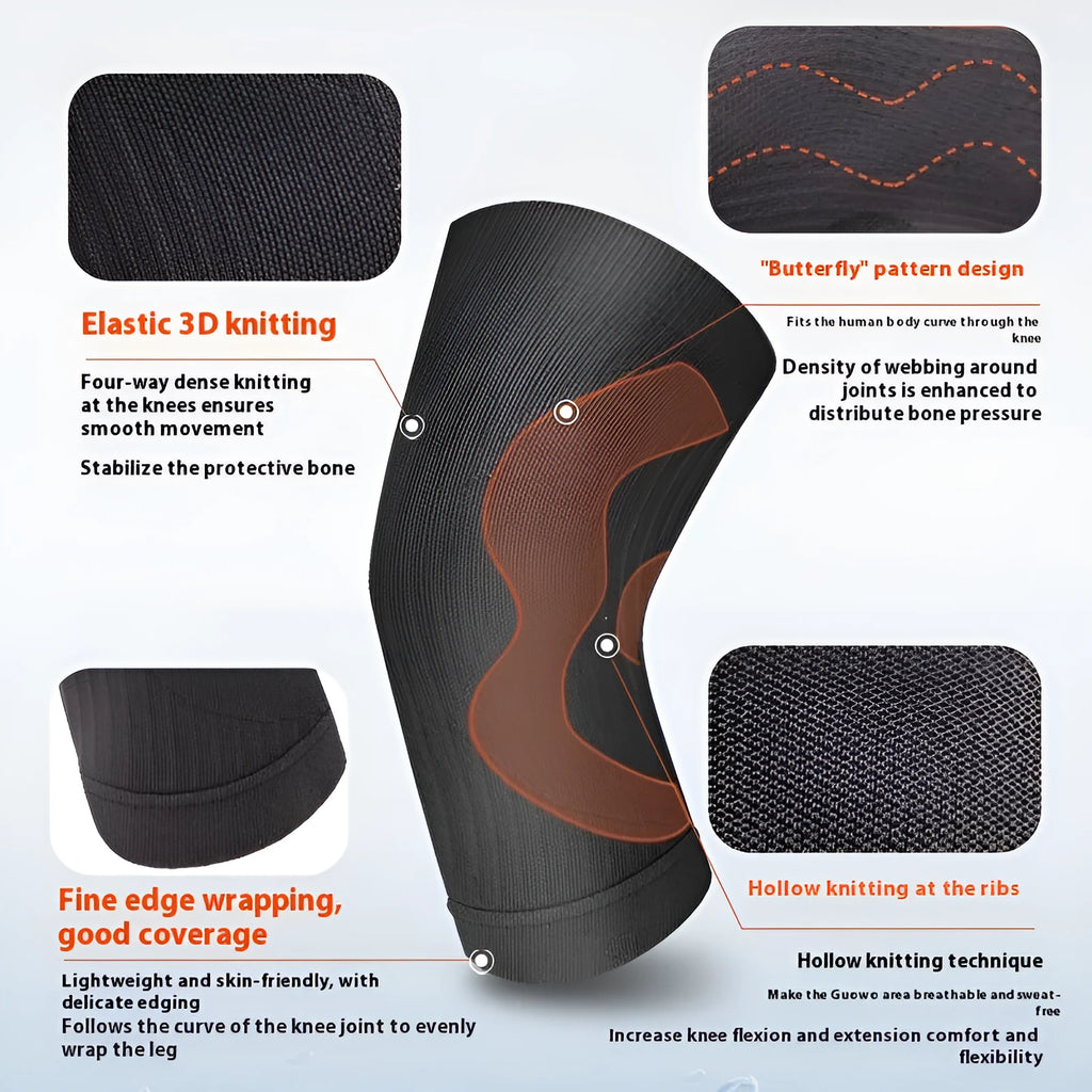 Knit breathable knee pads in pure black, light grey, dark grey, or purplish blue, supplied as a free size pair.