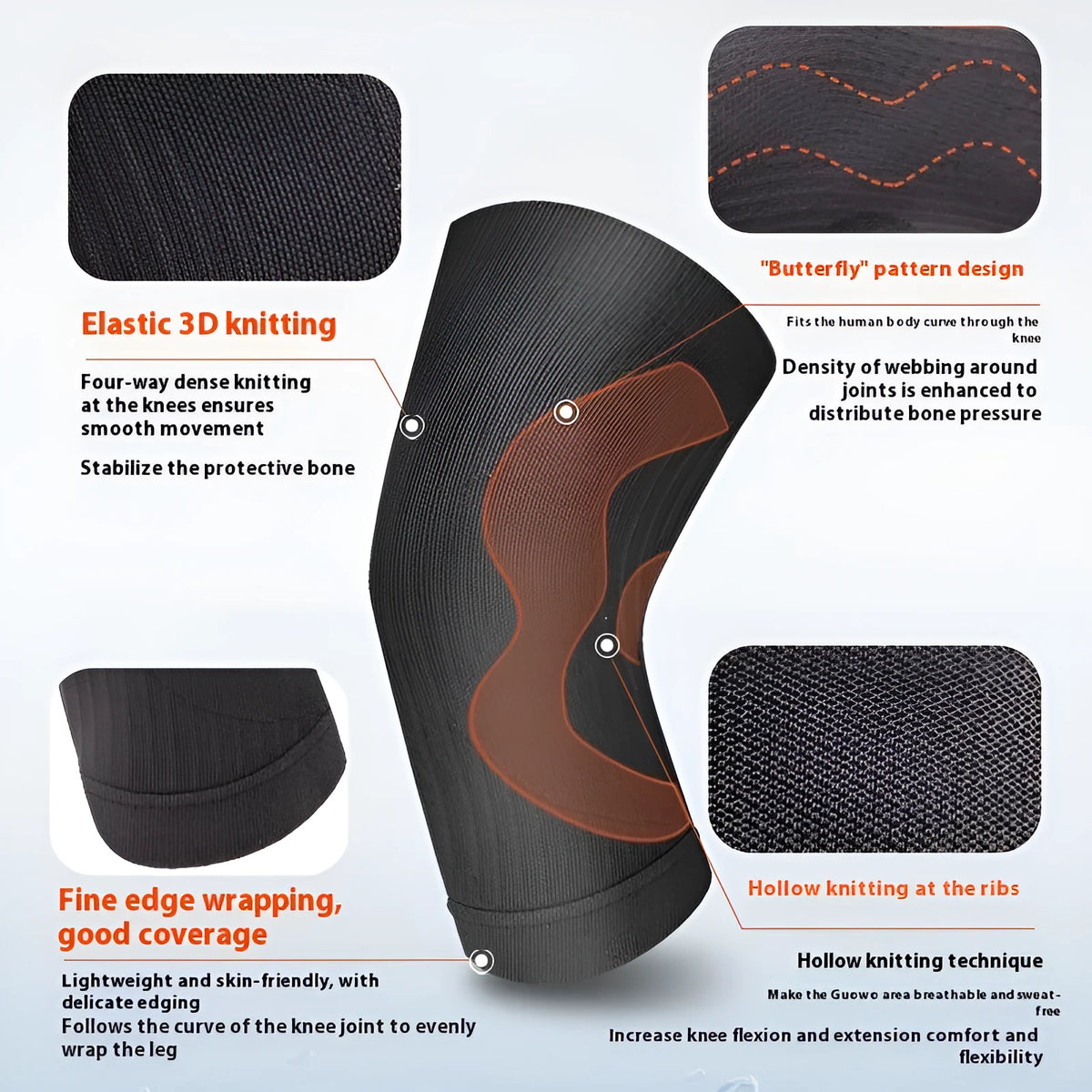 Knit breathable knee pads in pure black, light grey, dark grey, or purplish blue, supplied as a free size pair.