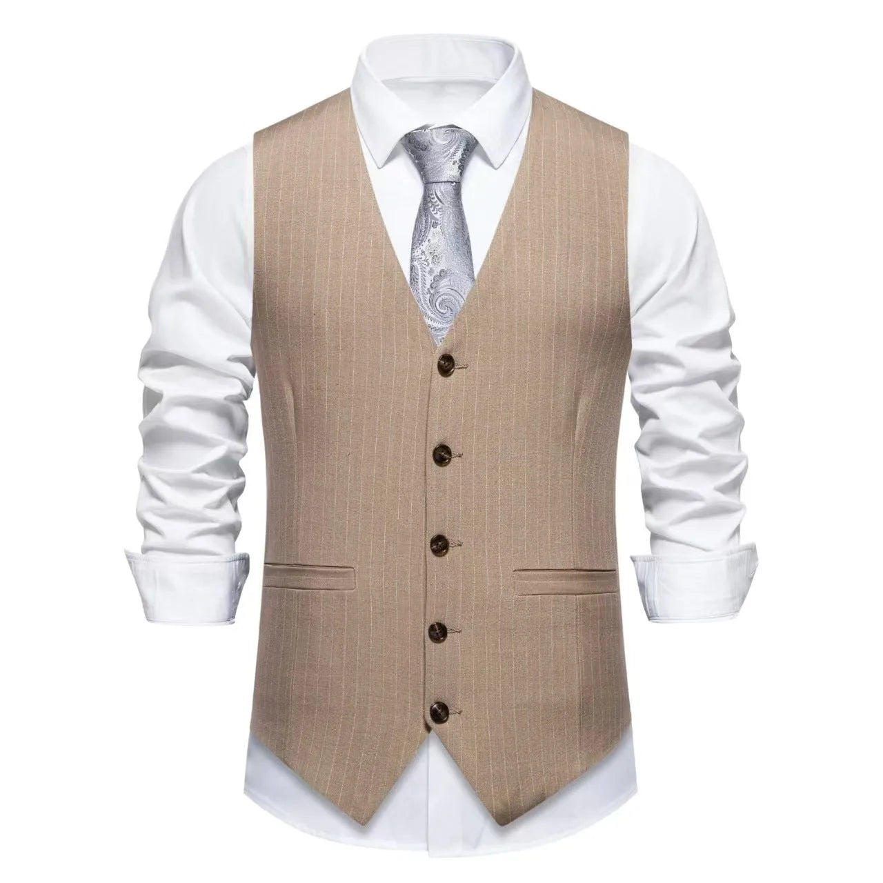Men's striped business suit vest with non-ironing polyester fabric in black, khaki or red patterns