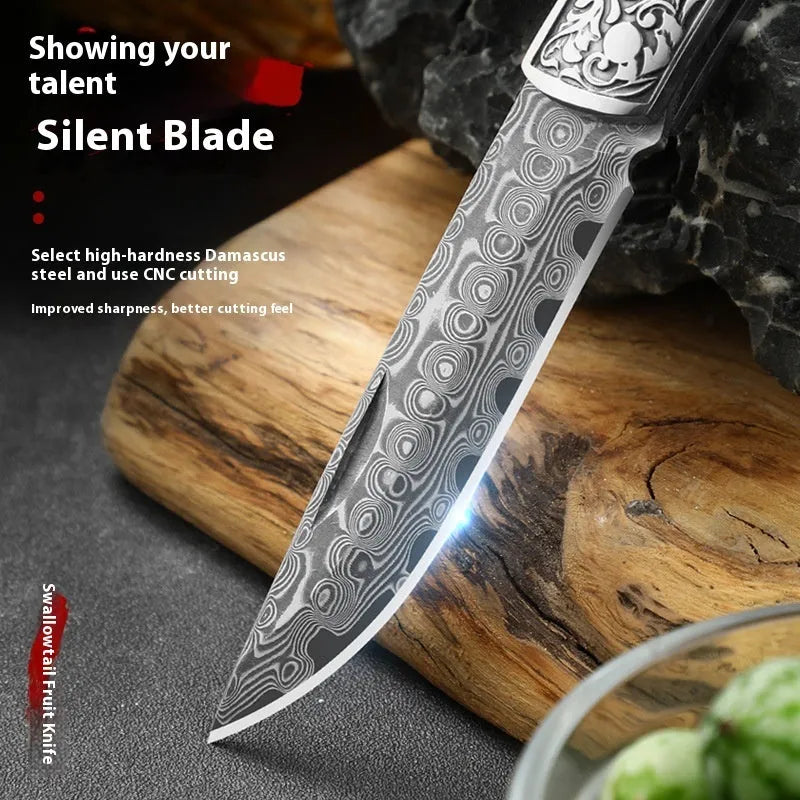 VG10 folding mini outdoor knife showing stainless steel blade and dovetail pattern in blue or red