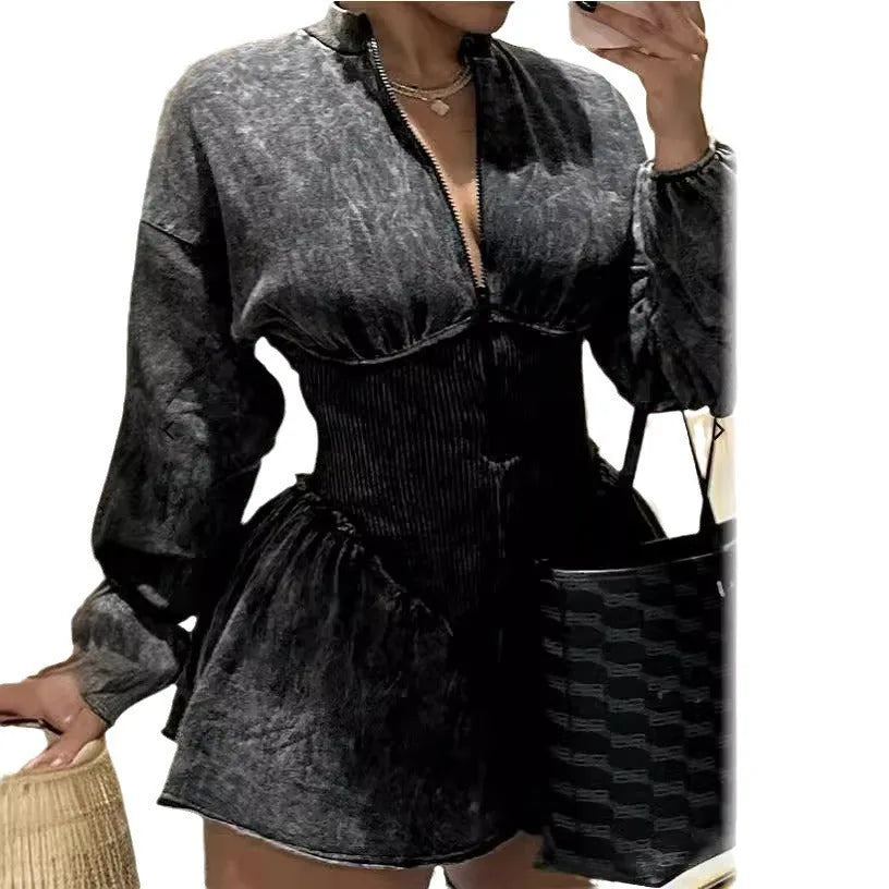 Grey digital print women's slim-fit dress with drawstring waist and long sleeves