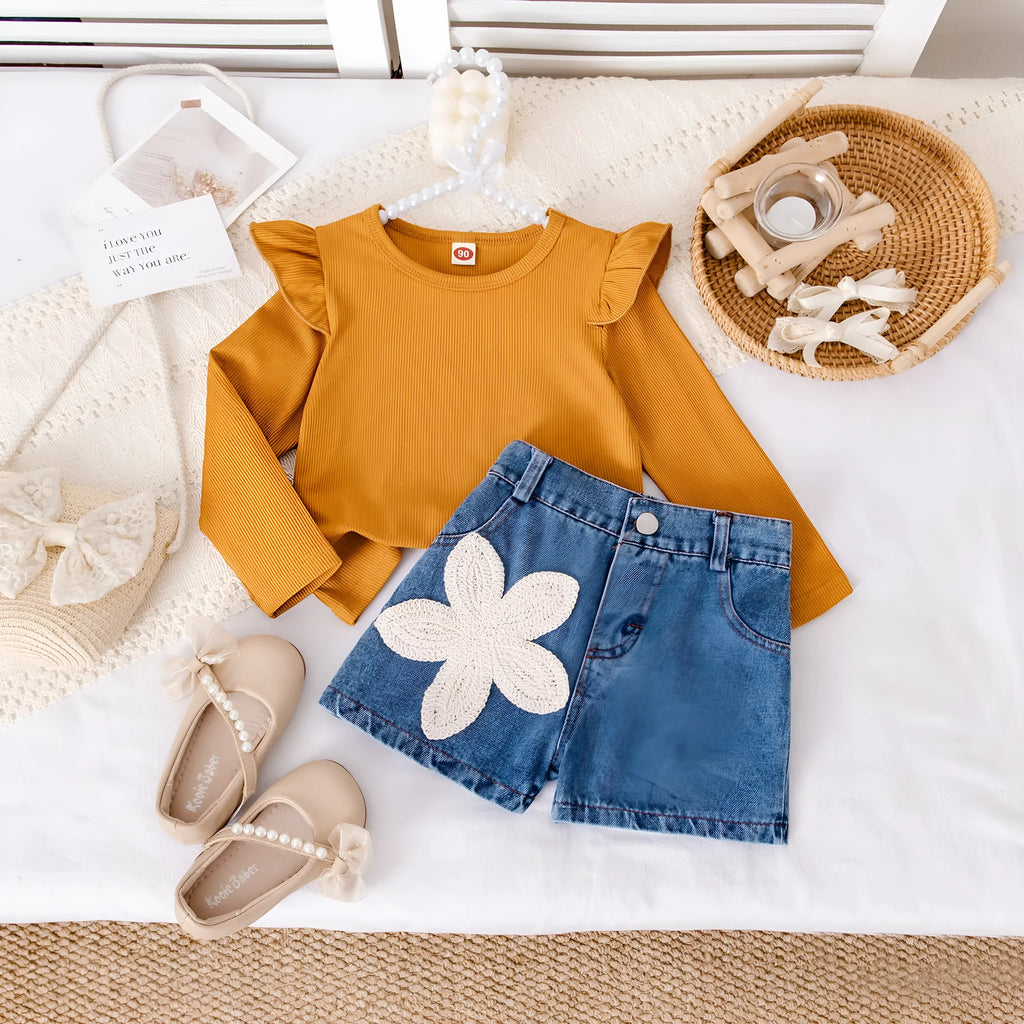 Khaki flower embroidered denim shorts set for girls with long sleeve top and shorts