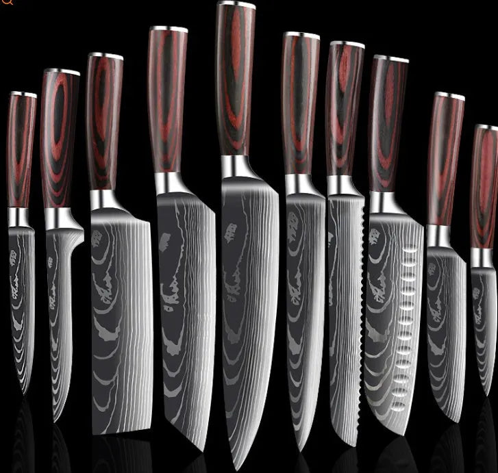 7Cr17 stainless steel kitchen knife with laser Damascus pattern on blade and colour steel handle.