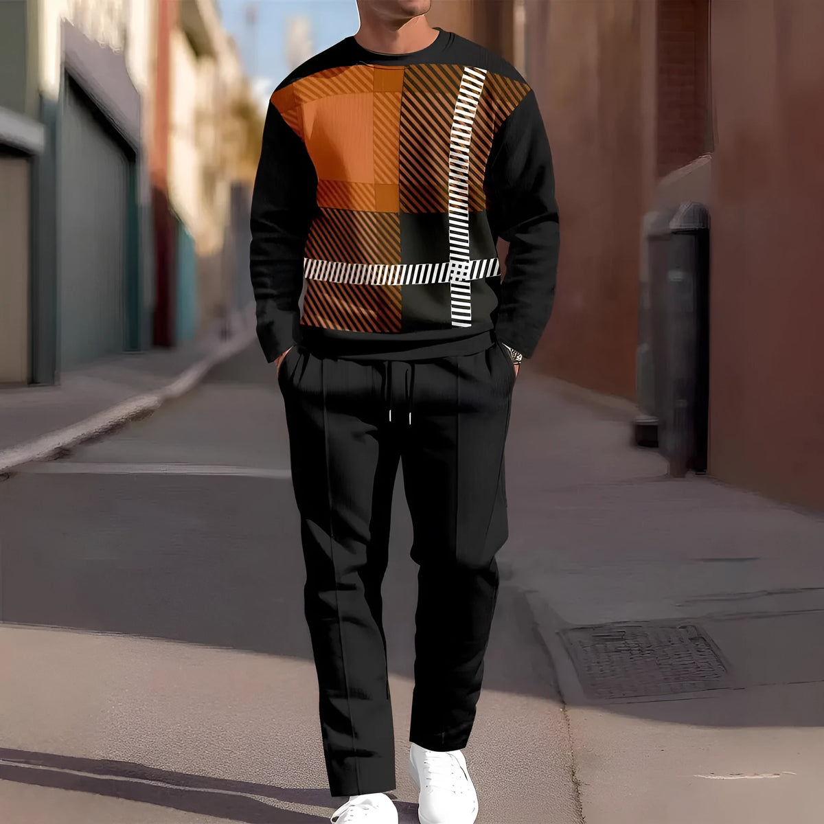Men's casual sporty two-piece set with long-sleeve round-neck sweatshirt and long pants in blended fibre, sizes S-5XL